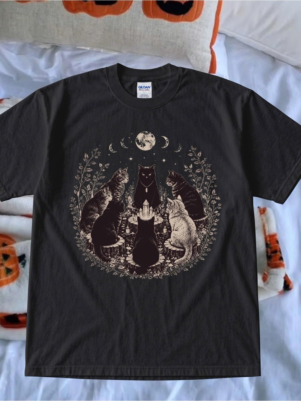 Halloween Black Cat Coven Moon Phase Witchy Gothic Graphic Tee